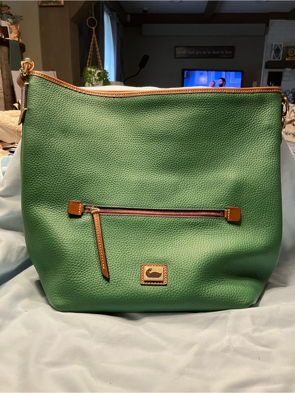 Dooney & Bourke Green Pebble Leather Shoulder Bag with Tan Trim